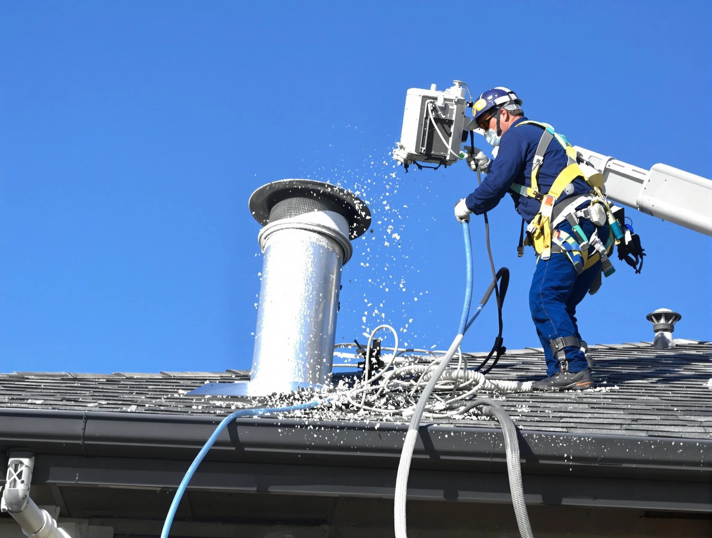 Dacula Dryer Vent Cleaning certified technician safely cleaning a roof-mounted dryer vent in Dacula