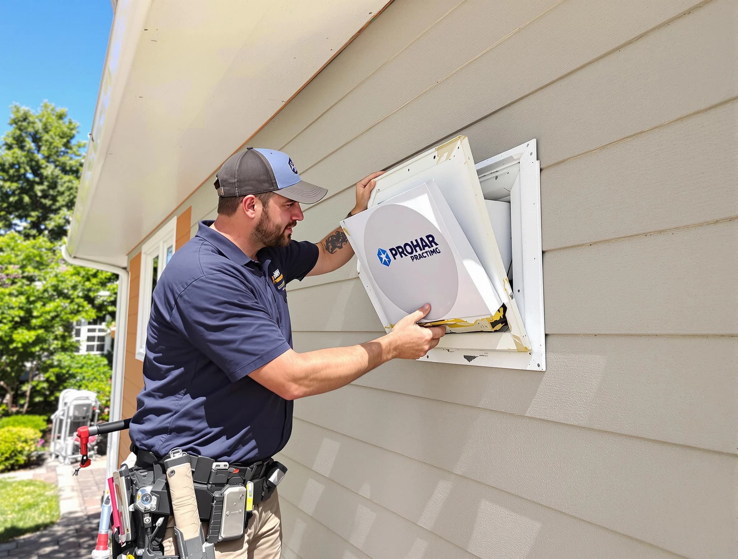 Dacula Dryer Vent Cleaning technician installing a new protective dryer vent cover on a home in Dacula